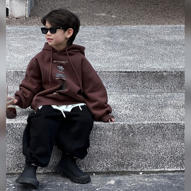 Áo hoodie bé trai nỉ lót lông ấm MO A414 size 90-140, quần áo trẻ em thu đông cao cấp