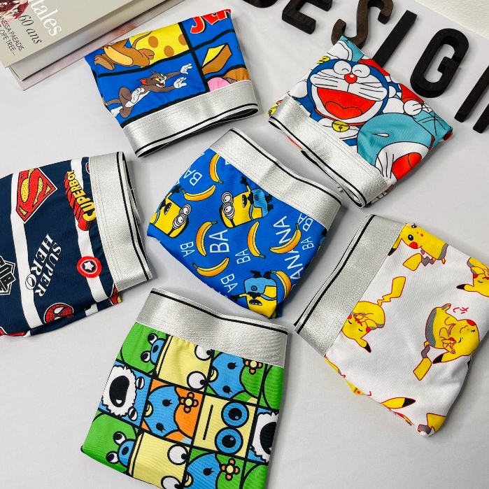 Hộp quần lót đùi nam, sịp đùi boxer nam cao cấp thun lạnh in hình họa tiết hoạt hình pikachu,minioin,,..Full Size 25-95