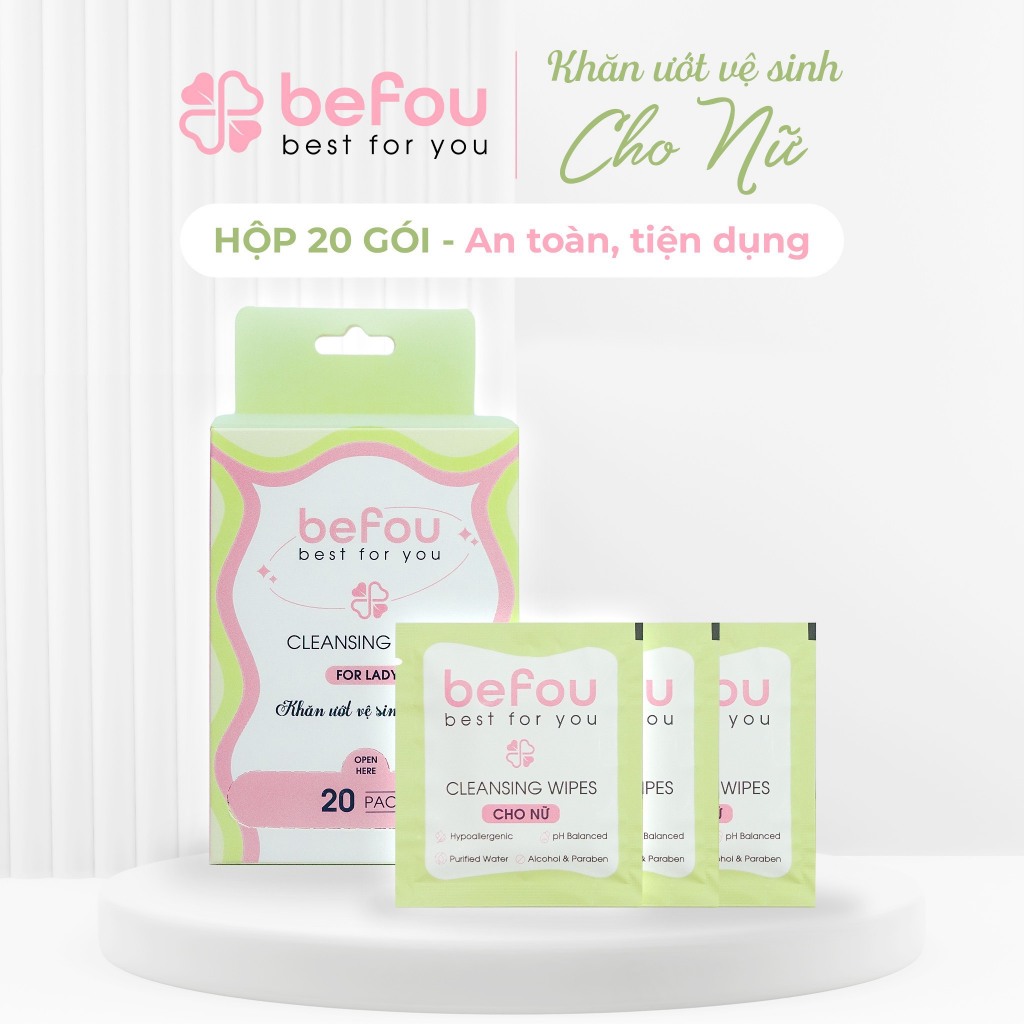Hộp 20 Gói Khăn Ướt 1 Tờ Vệ Sinh Phụ Nữ Befou Lành Tính Dịu Nhẹ Và Hạn Chế Viêm Ngứa Nấm Khuẩn Đặc Biệt Không Chứa Cồn -