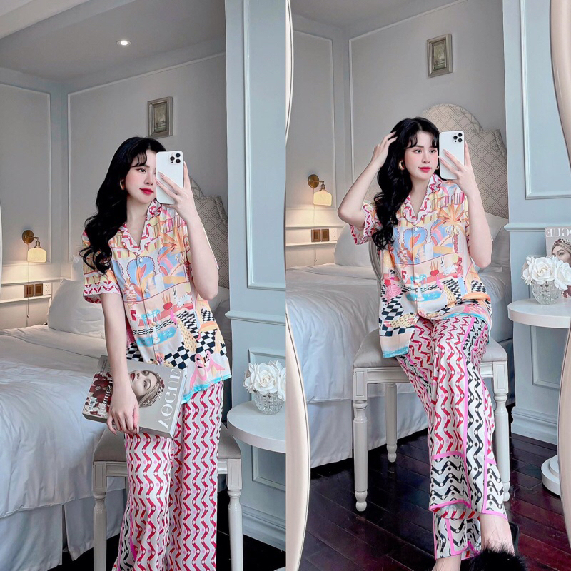 ❤️Hàng QC❤️Pijama tay ngắn quần dài phối ren Hồng blue._Thanhhien997_cottom cao cấp,mát mịn 1034.