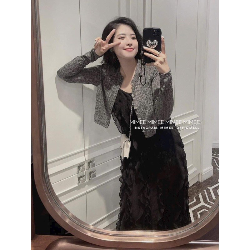 Set cardigan cúc đá + váy dài nhún bèo mimee