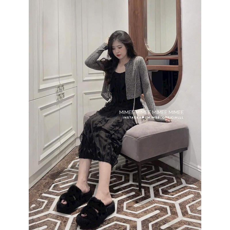 Set cardigan cúc đá + váy dài nhún bèo mimee