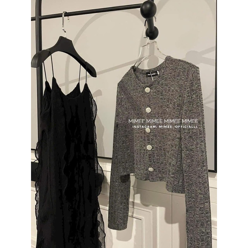 Set cardigan cúc đá + váy dài nhún bèo mimee