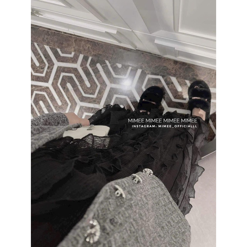 Set cardigan cúc đá + váy dài nhún bèo mimee
