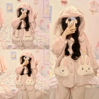  Bộ ngủ lông cừu tai thỏ đính nơ túi thỏ hồng dễ thương Sét pyjam lông dài tay 2 lớp ấm áp form rộng hàn quốc 