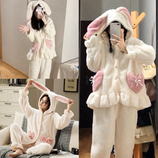  Bộ ngủ lông cừu tai thỏ trắng tuia trái tim viền bèo dễ thương Sét đồ mặc nhà mùa đông chất lông 2 lớp ấm áp mượt mà 