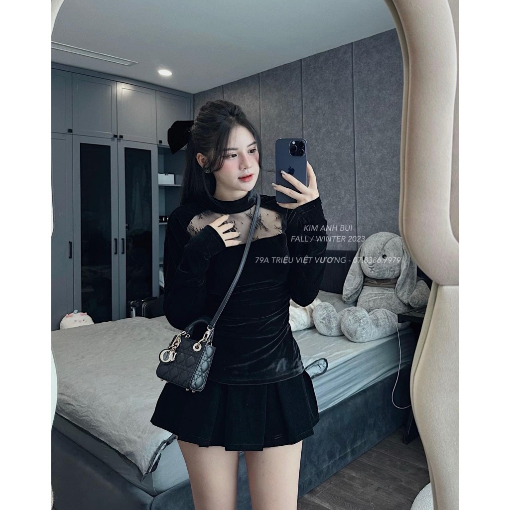 Sét áo nhung phối ren dài tay +chân váy xếp li bản to