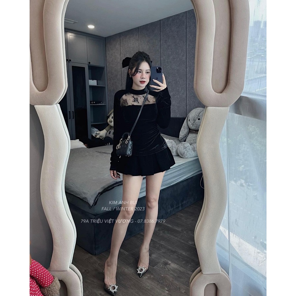 Sét áo nhung phối ren dài tay +chân váy xếp li bản to