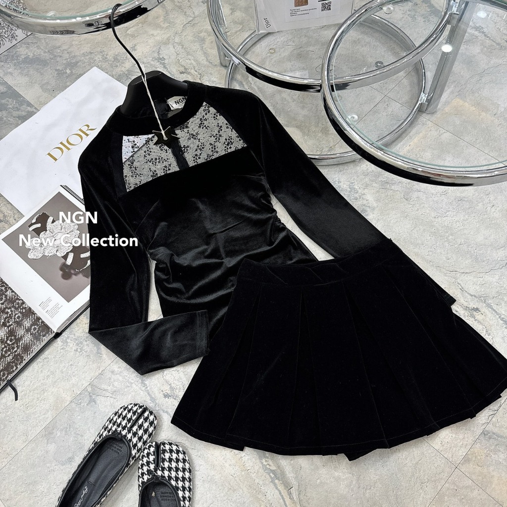 Sét áo nhung phối ren dài tay +chân váy xếp li bản to