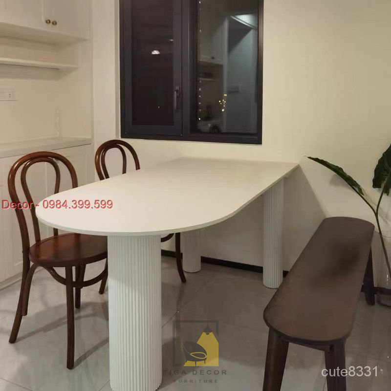Bàn ăn, bàn làm việc decor, chân trụ sóng tròn. Bàn gỗ MDF phủ melamine, sơn trắng PU. Nhiều kích thước, bàn đẹp hot2023