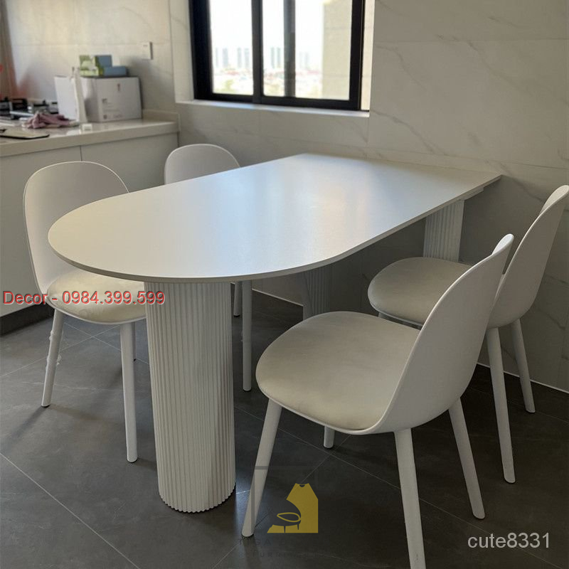 Bàn ăn, bàn làm việc decor, chân trụ sóng tròn. Bàn gỗ MDF phủ melamine, sơn trắng PU. Nhiều kích thước, bàn đẹp hot2023
