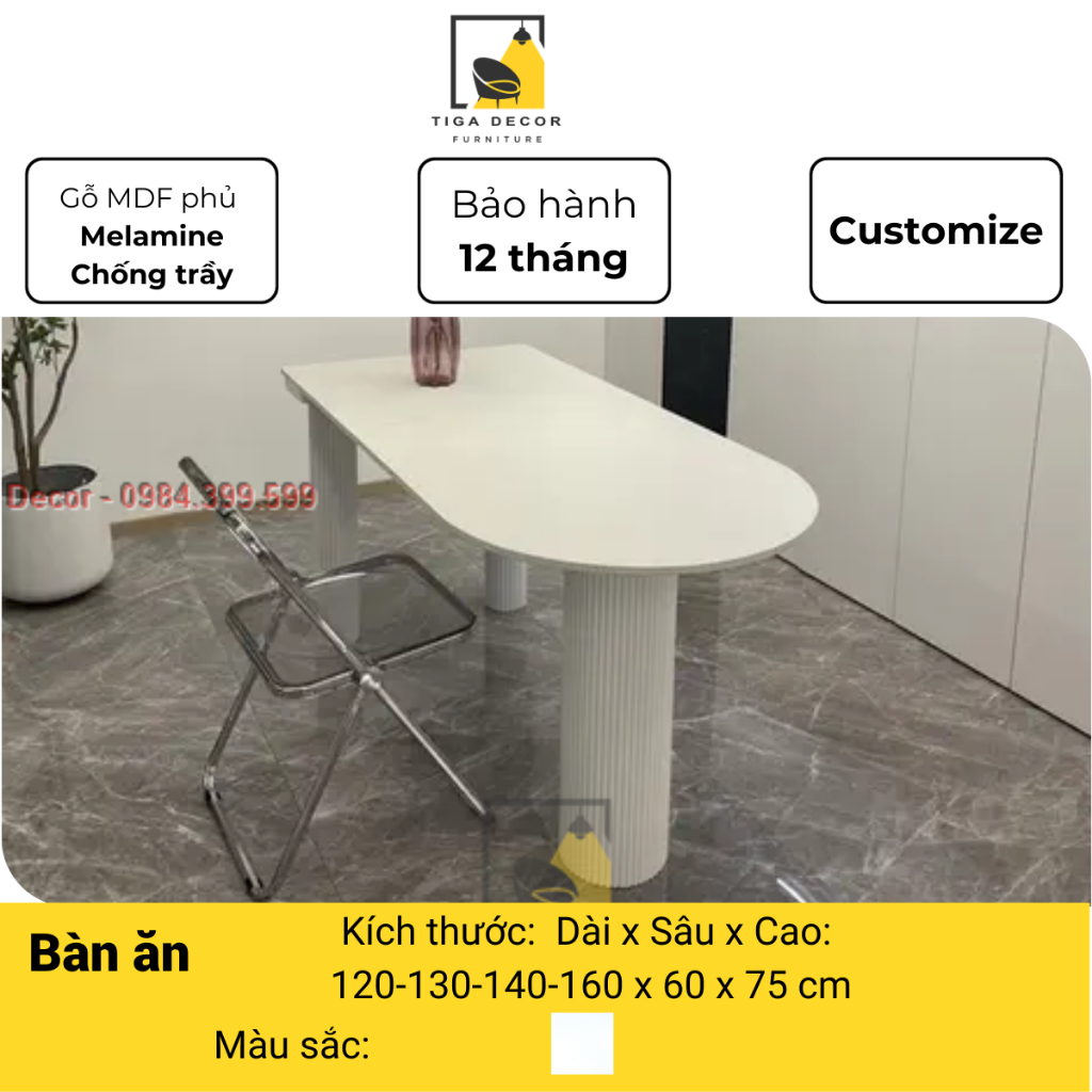 Bàn ăn, bàn làm việc decor, chân trụ sóng tròn. Bàn gỗ MDF phủ melamine, sơn trắng PU. Nhiều kích thước, bàn đẹp hot2023