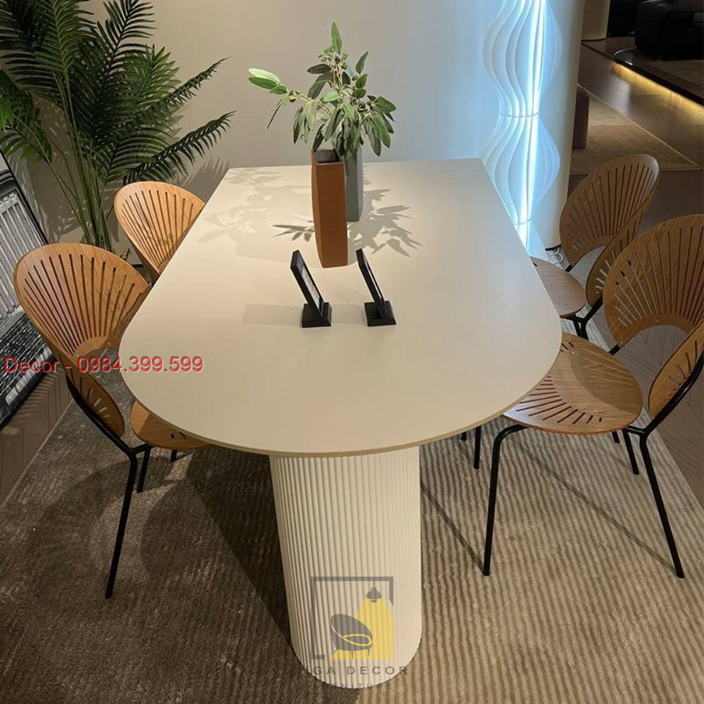 Bàn ăn, bàn làm việc decor, chân trụ sóng tròn. Bàn gỗ MDF phủ melamine, sơn trắng PU. Nhiều kích thước, bàn đẹp hot2023