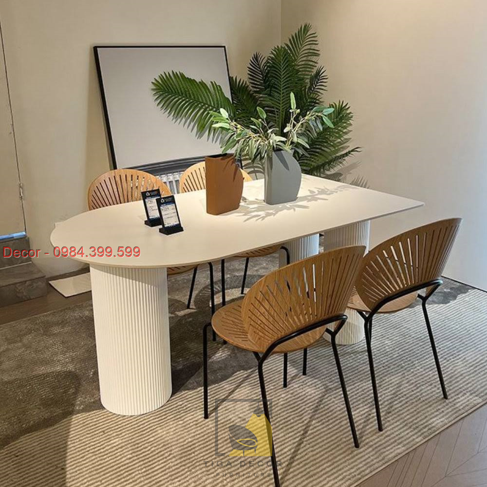 Bàn ăn, bàn làm việc decor, chân trụ sóng tròn. Bàn gỗ MDF phủ melamine, sơn trắng PU. Nhiều kích thước, bàn đẹp hot2023