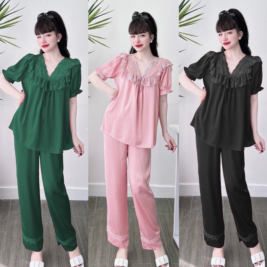 Đồ Bộ Mặc Nhà Nhi Store - Pijama Tiểu Thư Lụa Latin Cao Cấp Quần Dài Ống Suông Tay Ngắn Cổ V Phối Ren 60kg