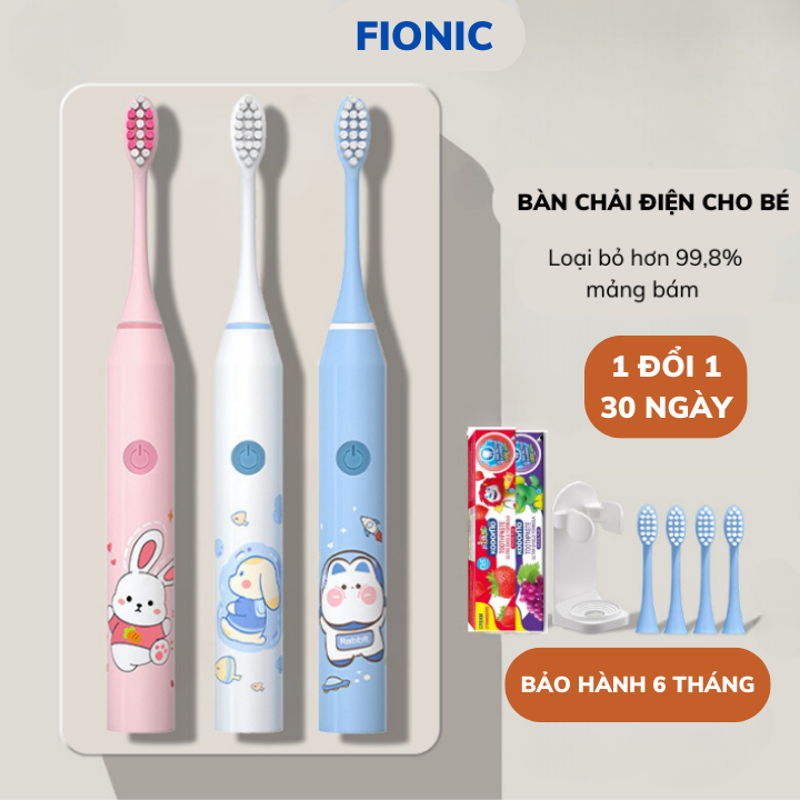 Bàn Chải Điện Cho Bé Lông Mềm Kháng Khuẩn FIONIC ET12 Đánh Răng Sạch Êm Ái Nướu Từ 3 -13 Tuổi