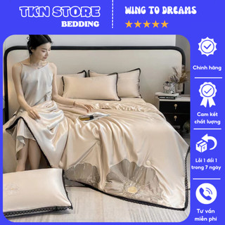 Bộ chăn ga gối phi lụa viền ren hoa Summer thêu tinh tế sang trọng,Bộ 4 món phi lụa chăn hè thoáng mát mẫu mới 2023