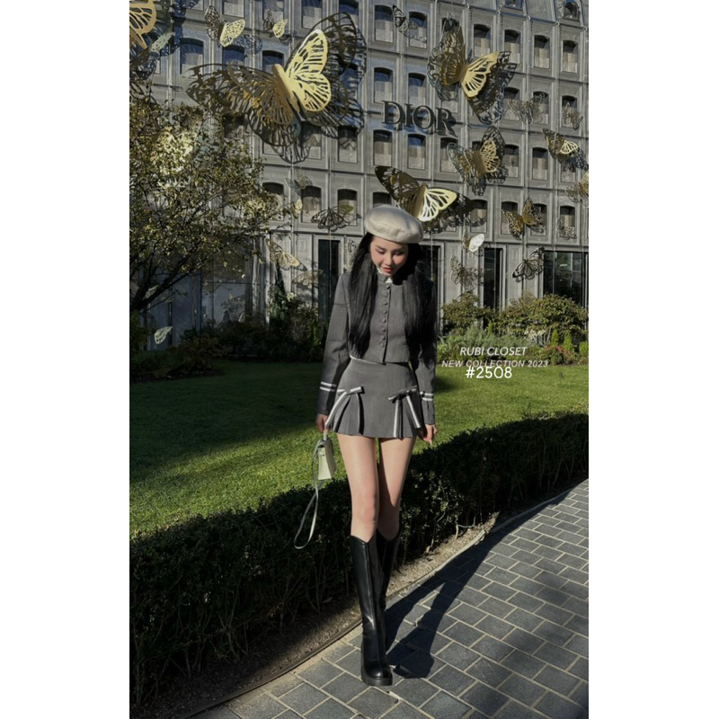 Set vest khuy bọc kèm chân váy nơ