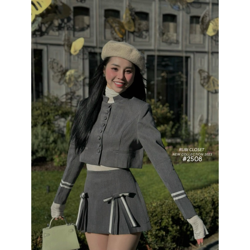 Set vest khuy bọc kèm chân váy nơ