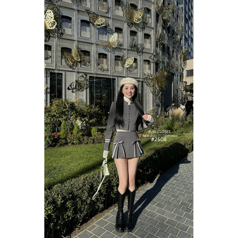 Set vest khuy bọc kèm chân váy nơ