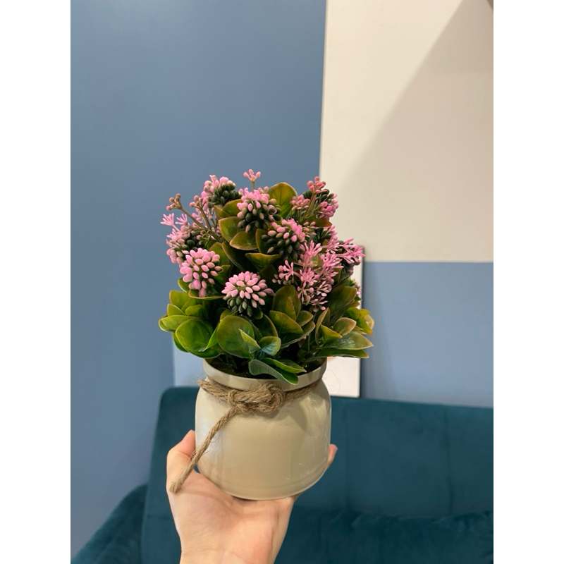 Chậu nơ quả chùm, chậu hoa mini để bàn, hoa giả trang trí