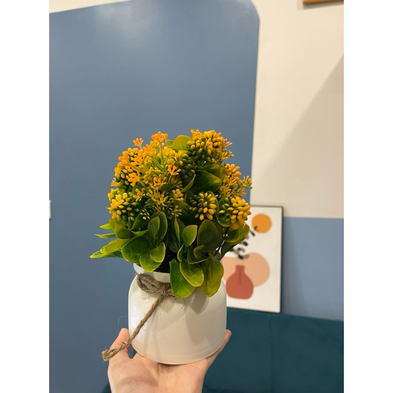 Chậu nơ quả chùm, chậu hoa mini để bàn, hoa giả trang trí