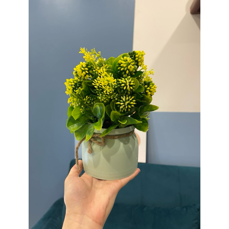 Chậu nơ quả chùm, chậu hoa mini để bàn, hoa giả trang trí