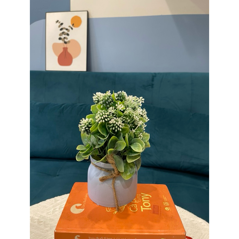 Chậu nơ quả chùm, chậu hoa mini để bàn, hoa giả trang trí