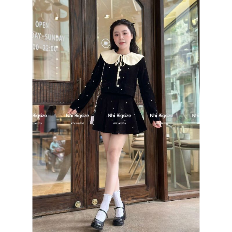 Bigsize 60-90kg Set bộ tiểu thư áo croptop nhung tay dài cổ sen phối màu buộc nơ đính đá chân váy xoè cho nữ Nhi Bigsize