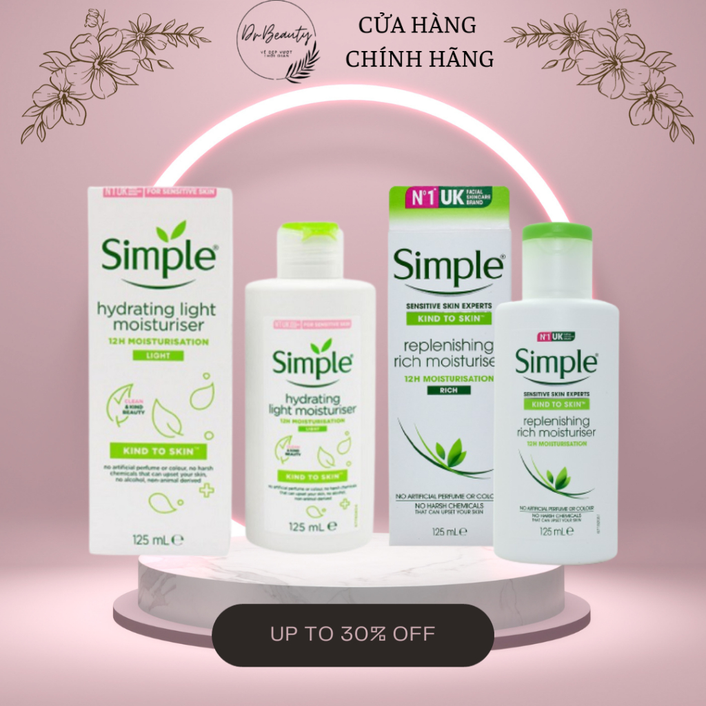 Kem dưỡng ẩm da Simple Kind To Skin Hydrating Light Moisturiser và Simple Replenishing Rich Moisturi