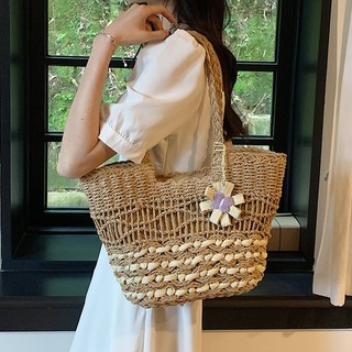Làn cói Tote Vintage đan 2 tầng - đính hoa