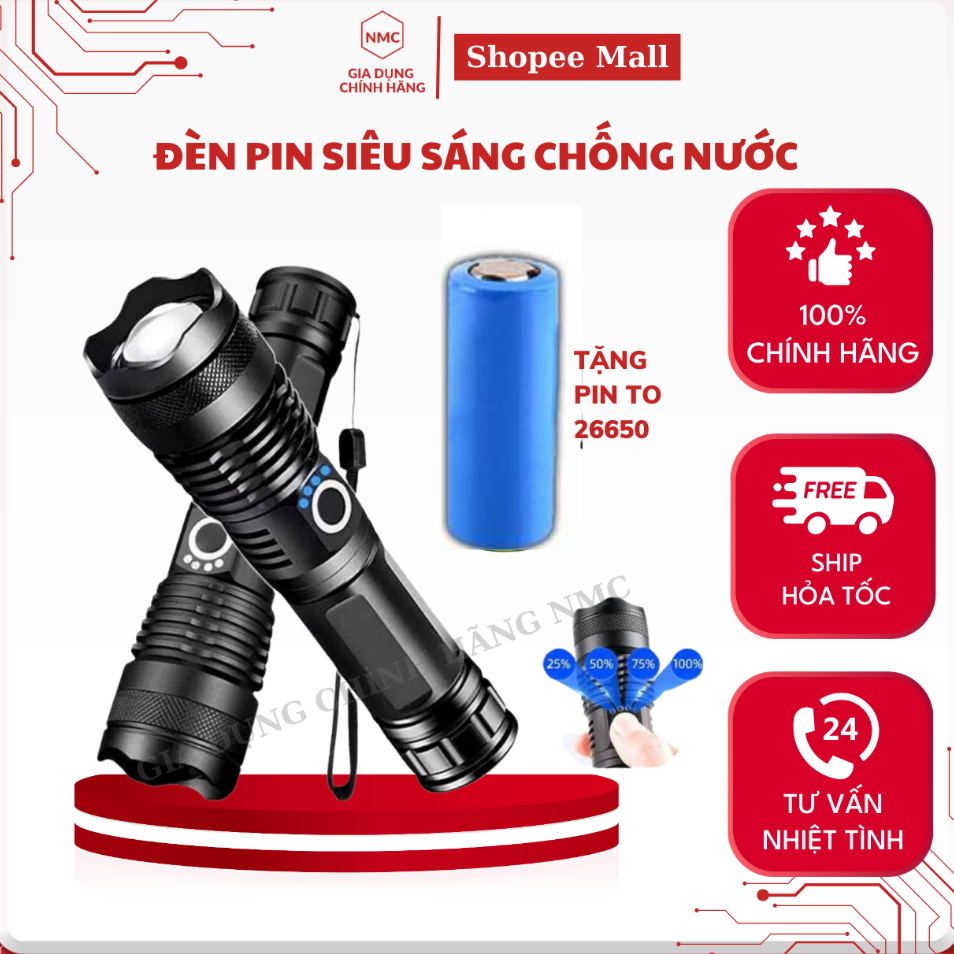 Đèn Pin Siêu Sáng NMC Cầm Tay Pin Trâu 26650 - Đèn Pin Siêu Sáng Vỏ Kim Loại Chống Nước 5 Chế Độ Chiếu Sáng-NMC Official