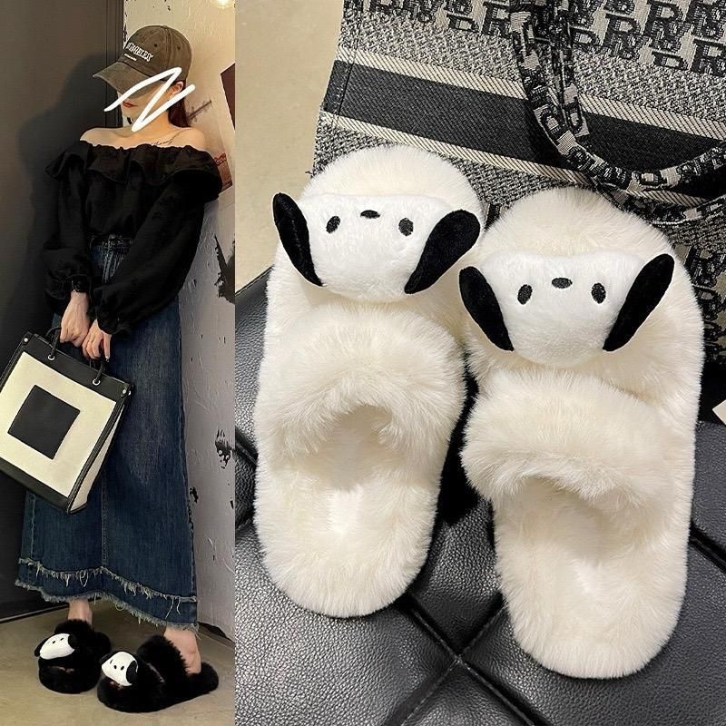 Dép Lông Mặt Thú Quai Ngang Đế Cao 2cm Lông Dày Dặn Mềm Mại Thời Trang Thu Đông Cho Nữ