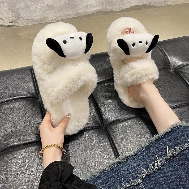 Dép Lông Mặt Thú Quai Ngang Đế Cao 2cm Lông Dày Dặn Mềm Mại Thời Trang Thu Đông Cho Nữ