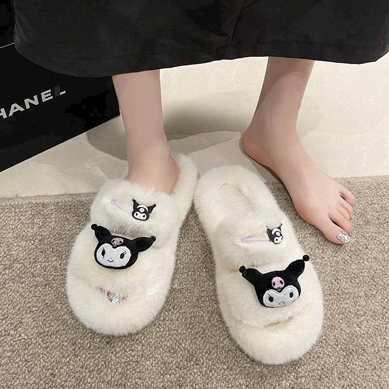 Dép Lông Mặt Thú Quai Ngang Đế Cao 2cm Lông Dày Dặn Mềm Mại Thời Trang Thu Đông Cho Nữ