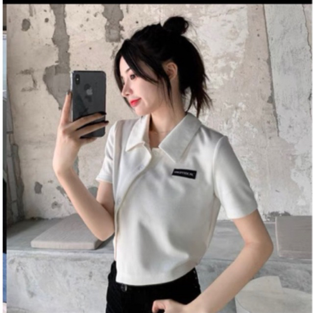 Set váy áo nữ ,váy 2 dây basic xẻ tà chất dày và áo polo nữ chữ đen phong cách Hàn Quốc