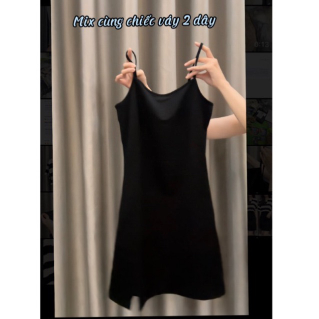 Set váy áo nữ ,váy 2 dây basic xẻ tà chất dày và áo polo nữ chữ đen phong cách Hàn Quốc