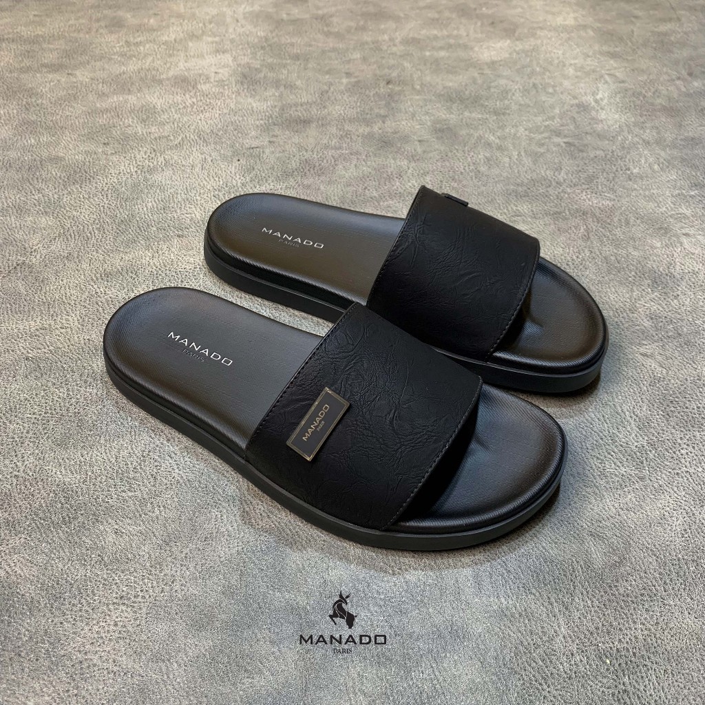 Dép da nam quai ngang cao cấp Manado Mã MND13 màu đen fullbox, quai da mềm mại, đế cao su mềm nhẹ