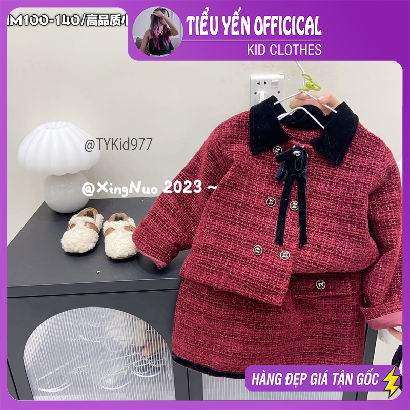 Quần áo trẻ em,Bộ dạ đỏ cao cấp bé gái mặc noel tết, thiết kế 2 hàng cúc phối cổ nhung S977 | Tiểu Yến KID