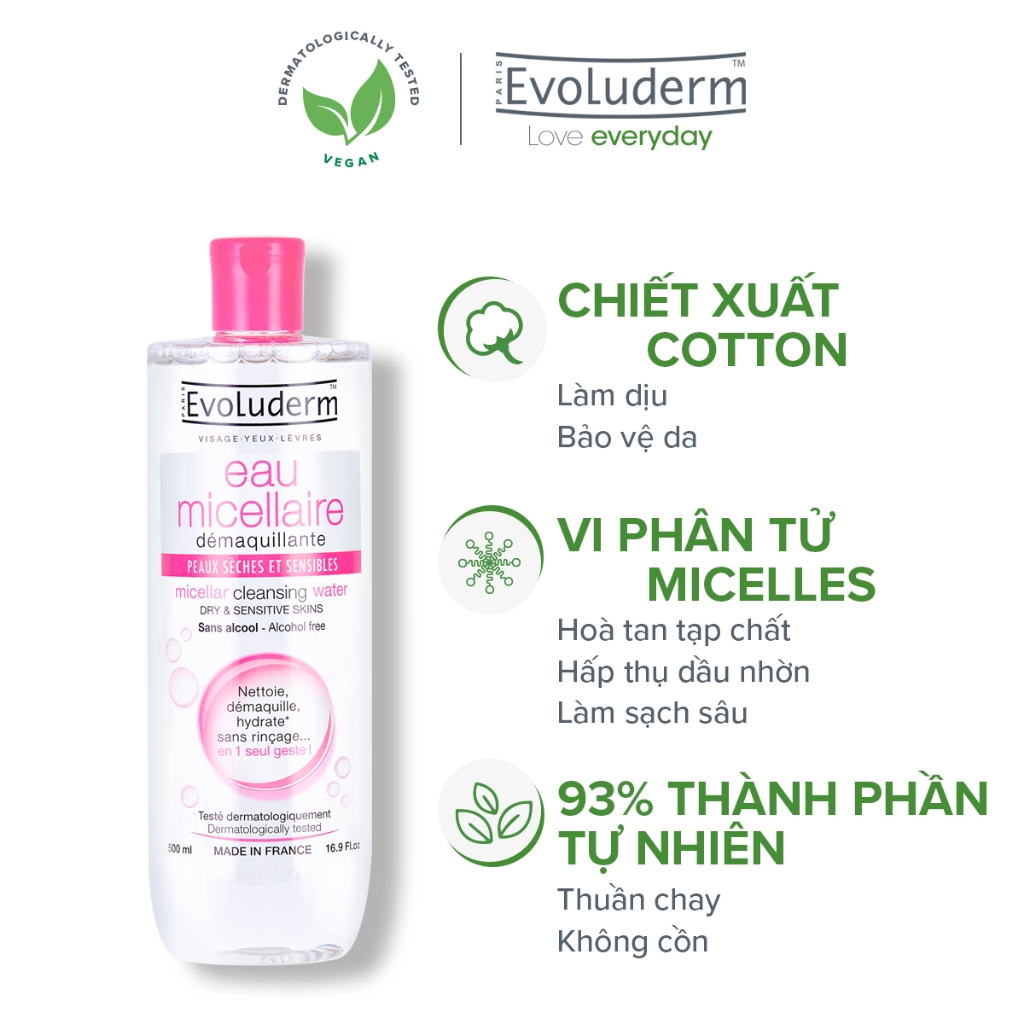 Nước tẩy trang Evoluderm Micellar dưỡng da mềm mịn, làm sạch sâu dịu nhẹ cho mọi loại da 500ml