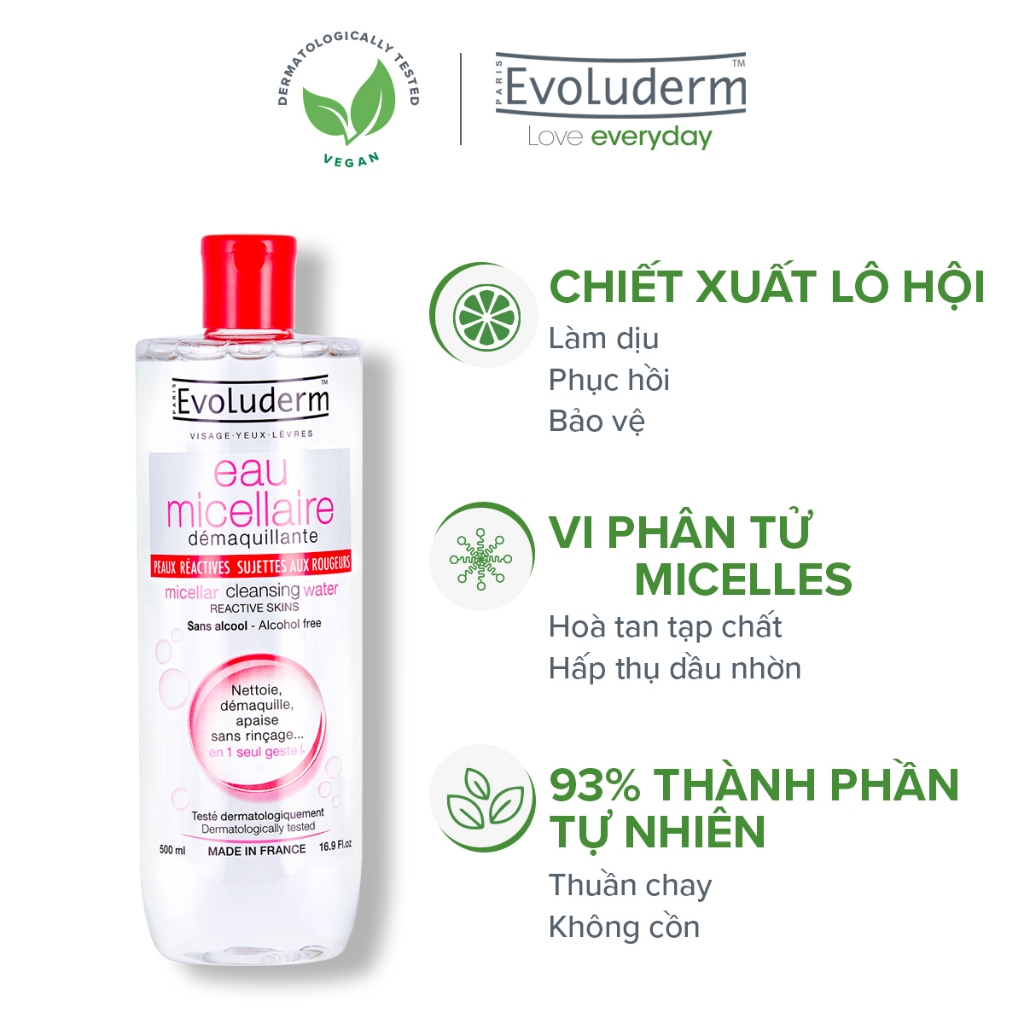 Nước tẩy trang Evoluderm Micellar dưỡng da mềm mịn, làm sạch sâu dịu nhẹ cho mọi loại da 500ml