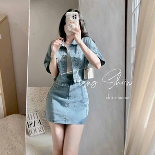 Sét Nữ Jean QC Croptop Kèm Chân Váy Cạp Cao dáng Ngắn,Sét Jean Trơn Túi Hộp Siêu xinh
