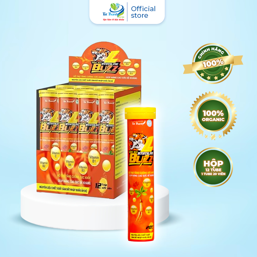 Viên sủi Immune Buzz vị cam Tất Thành Pharma bổ sung vitamin tăng sức đề kháng tuýp 20 viên