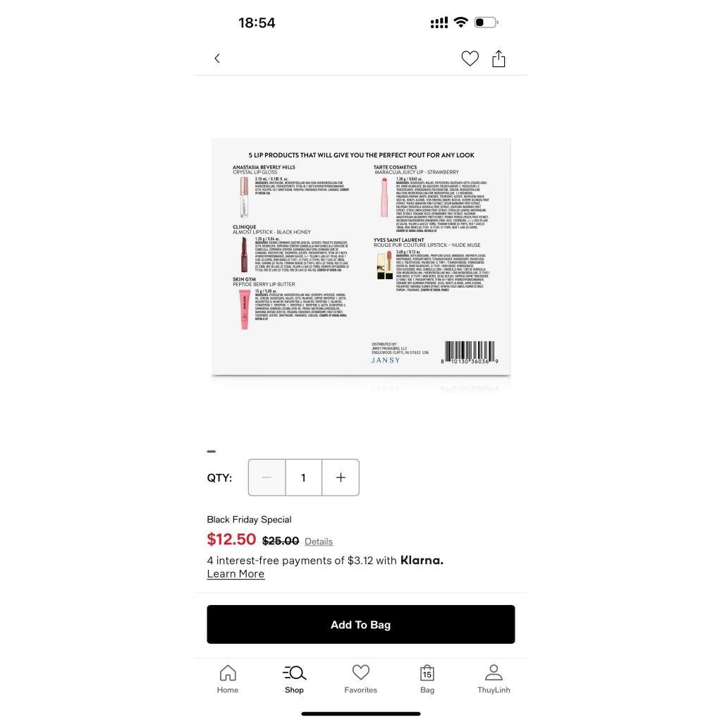 Set 5 cây son: Skin Gym, YSL, Anastasia Beverly Hills, Clinique, Tarte