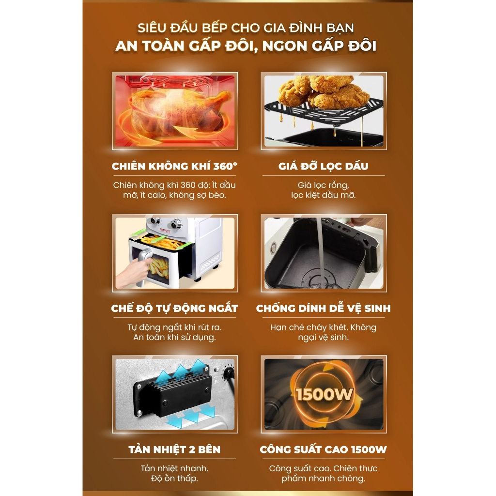 Nồi Chiên Không Dầu Masuto MSChef 6L Công Suất 1500W - Nồi Chiên Số 1 Việt Nam Loại Bỏ 90% Chất Béo Dư Thừa