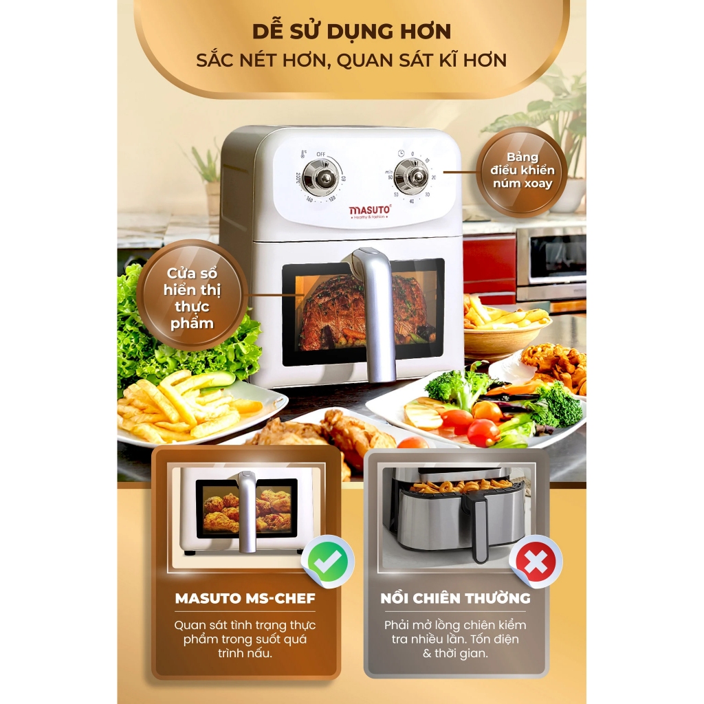 Nồi Chiên Không Dầu Masuto MSChef 6L Công Suất 1500W - Nồi Chiên Số 1 Việt Nam Loại Bỏ 90% Chất Béo Dư Thừa
