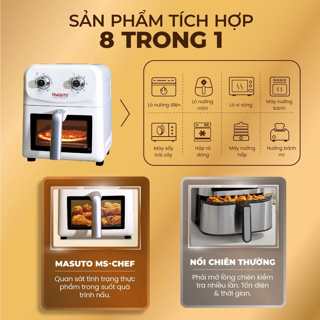 Nồi Chiên Không Dầu Masuto MSChef 6L Công Suất 1500W - Nồi Chiên Số 1 Việt Nam Loại Bỏ 90% Chất Béo Dư Thừa