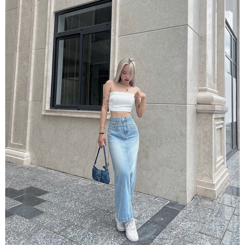 Chân váy dáng dài túi khoét giọt nước xẻ sau