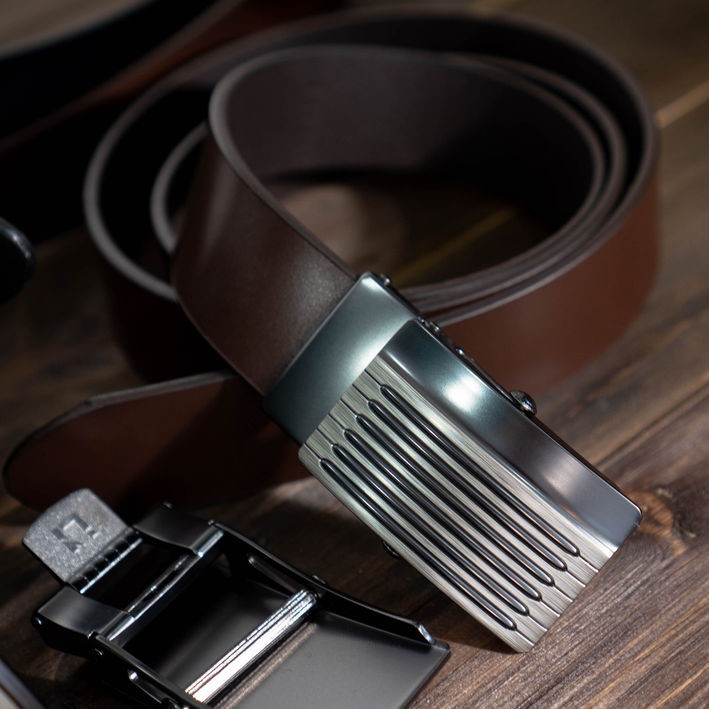 Thắt lưng công sở nam, khóa lăn truyền thống đen, nâu trơn, da bò nguyên miếng