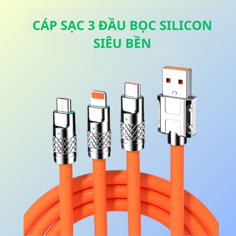 Cáp Sạc Nhanh 3 đầu Hợp Kim Kẽm 120W 6A Dây Silicone